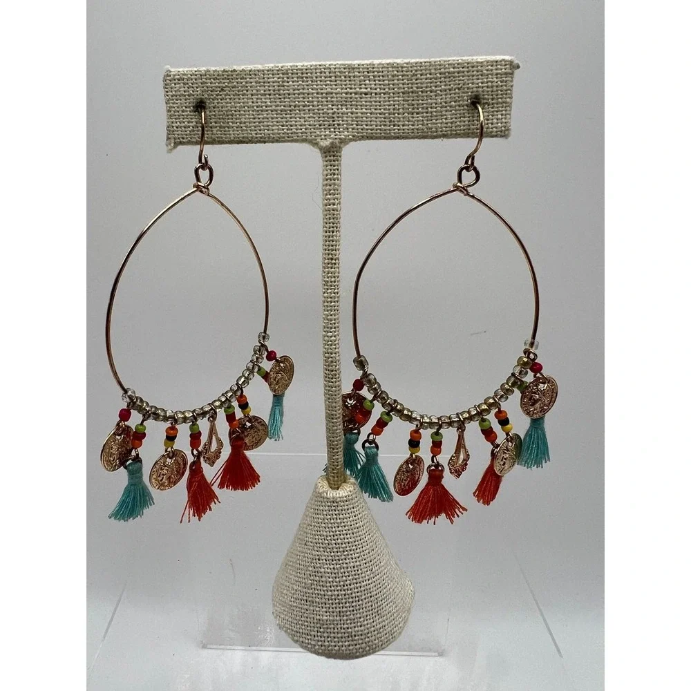 Coin Tassel Hoop Earrings Boho Festival Gypsy Teal Orange Gold Tone 3.5in